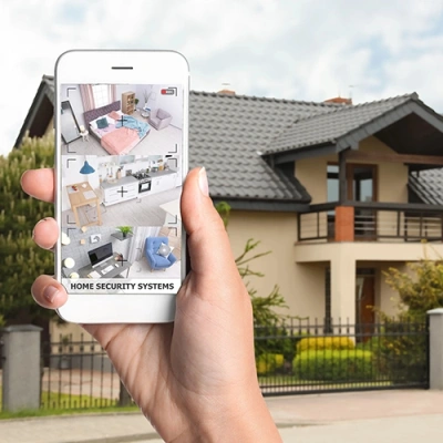 Lawrence vivint phone display of cctv live feed in front of a house